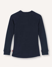 A long-sleeve, navy blue Crewneck – Merino Kids AirWool jersey shirt shown from the back, laid flat on a white background. The shirt features a simple design with no visible logos, patterns, or fasteners.