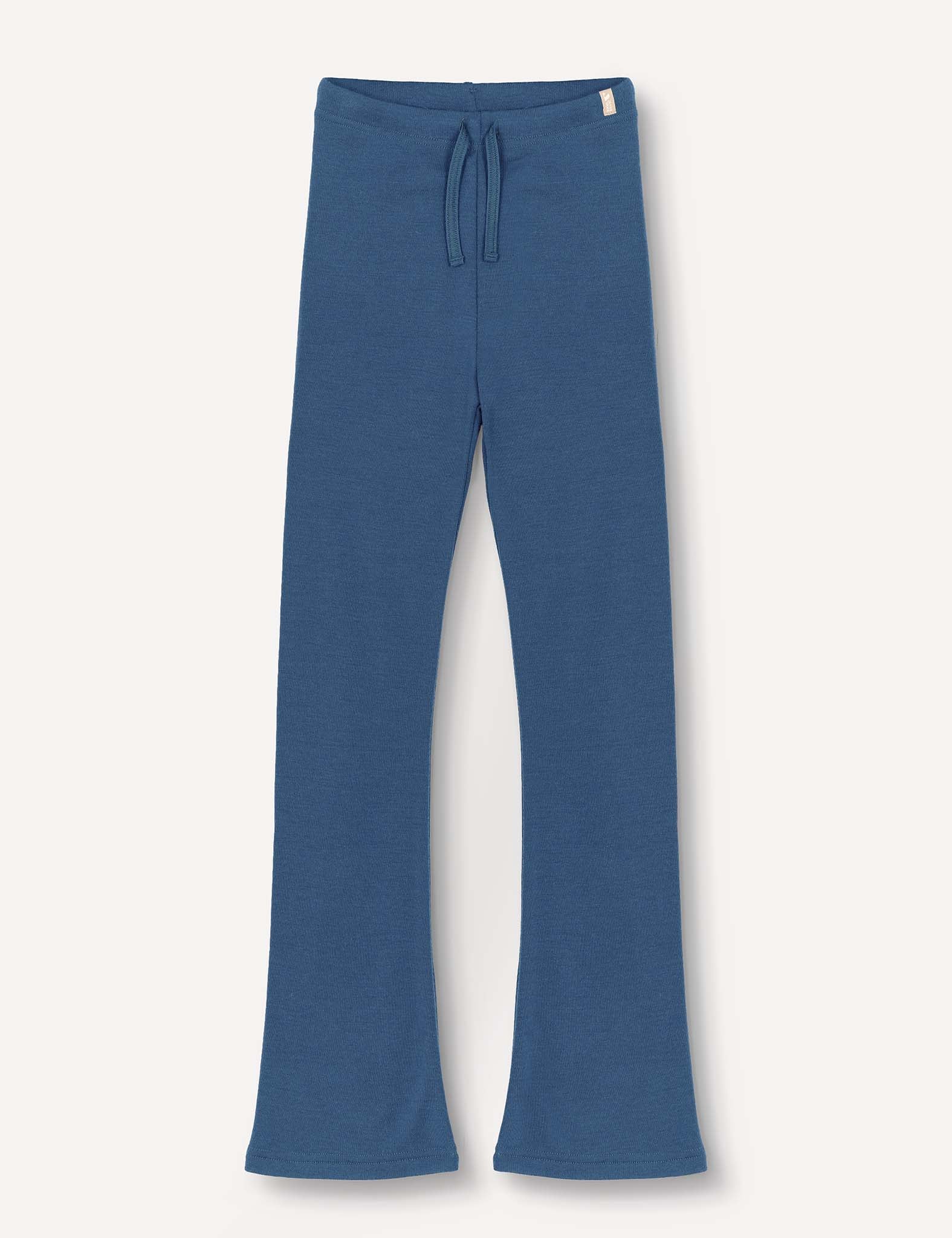 Ensign Blue Flarepants – Merino Kids AirWool with a drawstring waist, displayed flat on a white background. These pants have a relaxed fit and are crafted from soft, comfortable merino wool fabric.