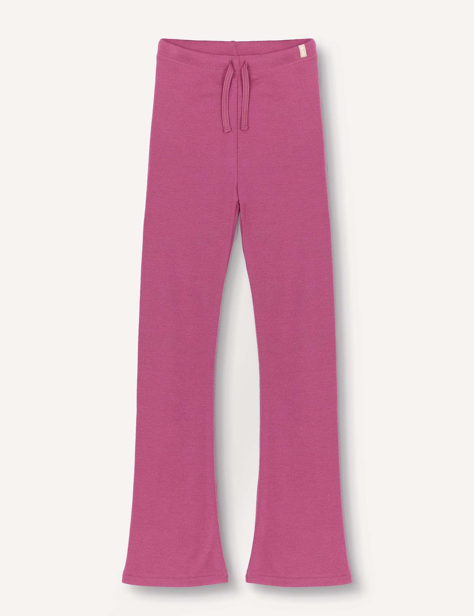 Hawthorn Rose-colored Flarepants – Merino Kids AirWool, full-length with a slight flare at the bottom and a drawstring waistband, crafted from warm, comfortable brushed AirWool, laid flat on a plain light background.
