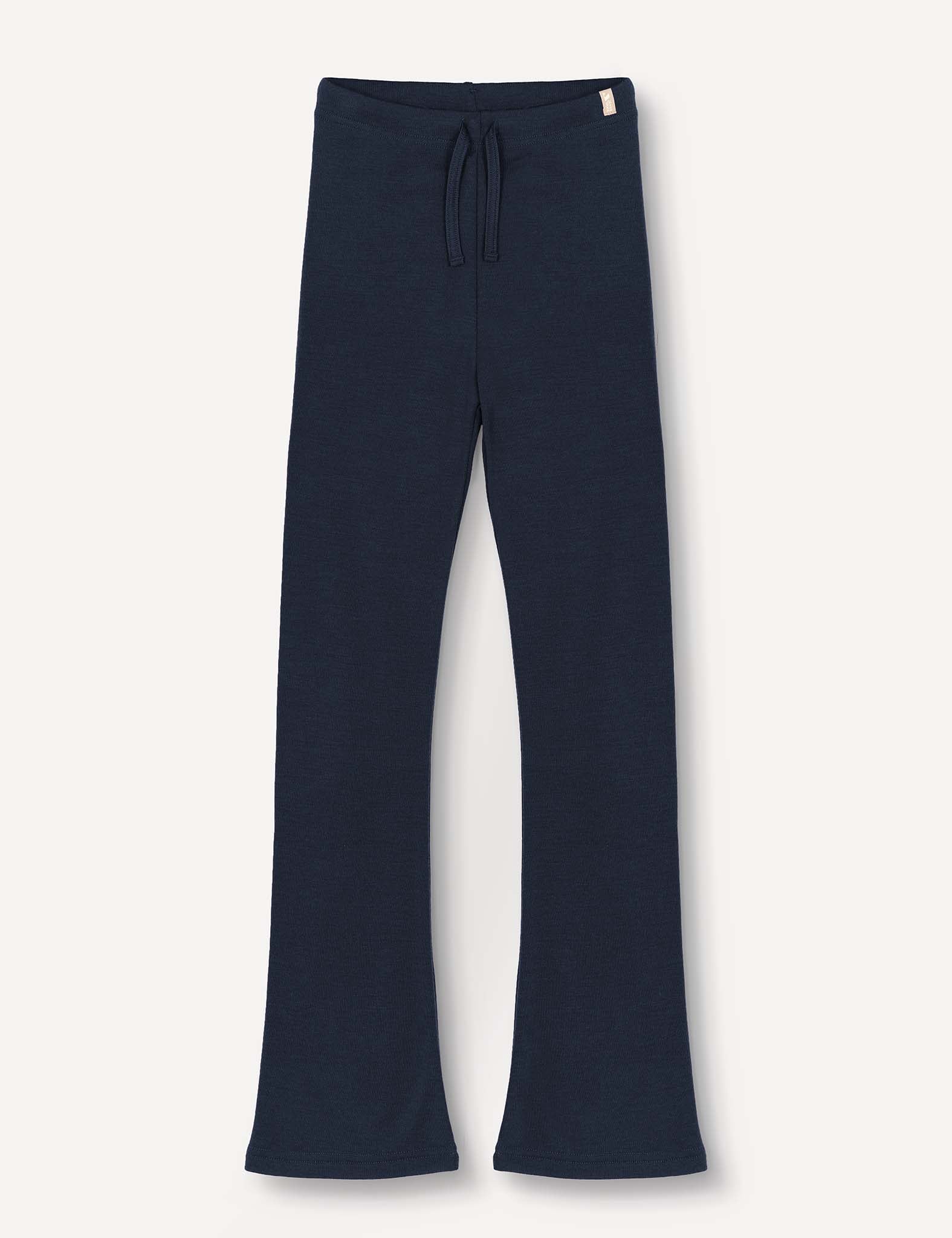 Navy Flarepants – Merino Kids AirWool, crafted from AirWool 260 merino wool and featuring a stylish drawstring waist, are shown full-length and laid flat against a plain light background.