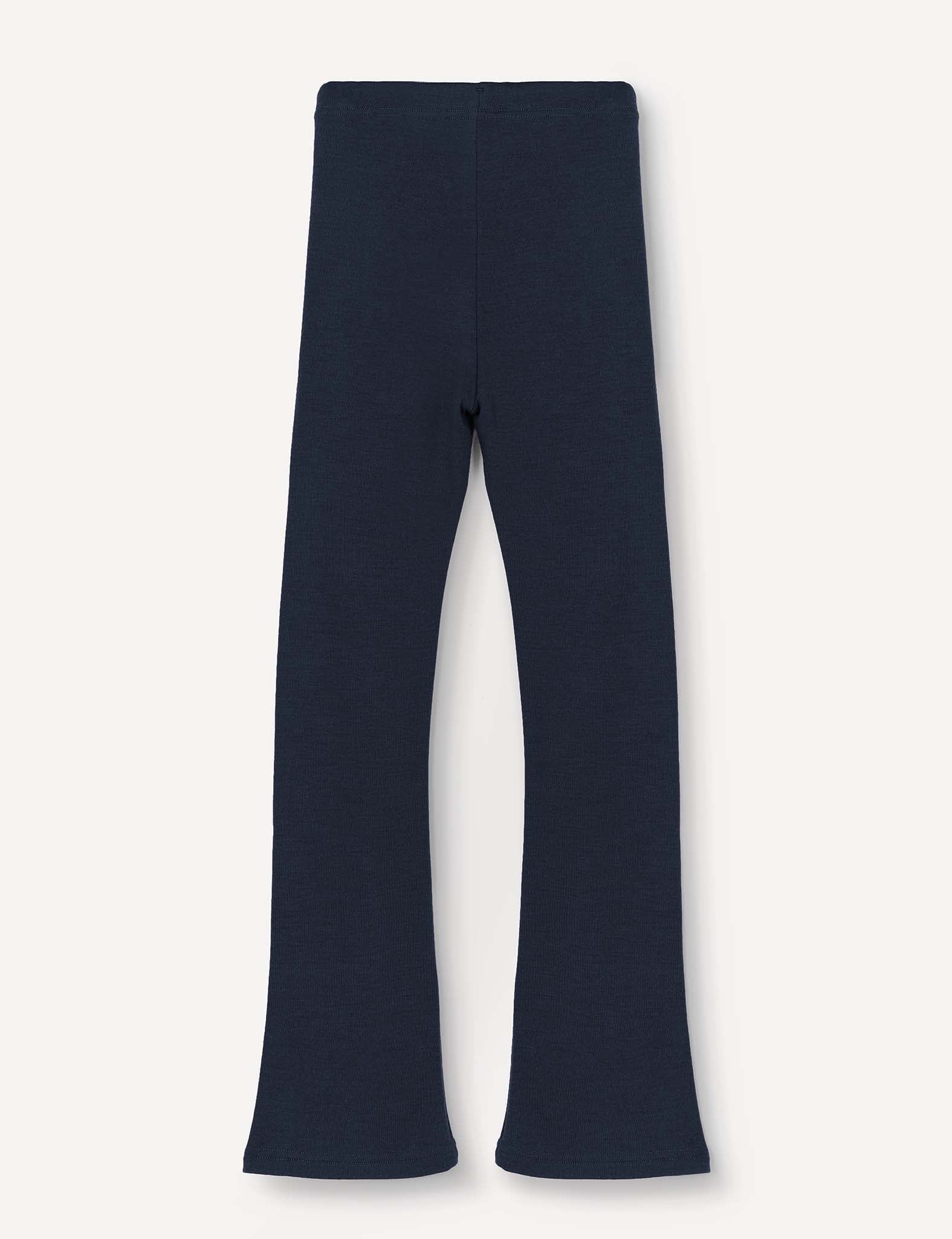The Flarepants – Merino Kids AirWool, in navy blue, are full-length bootcut flarepants made from AirWool 260 merino wool, shown flat on a light background with the back view visible.
