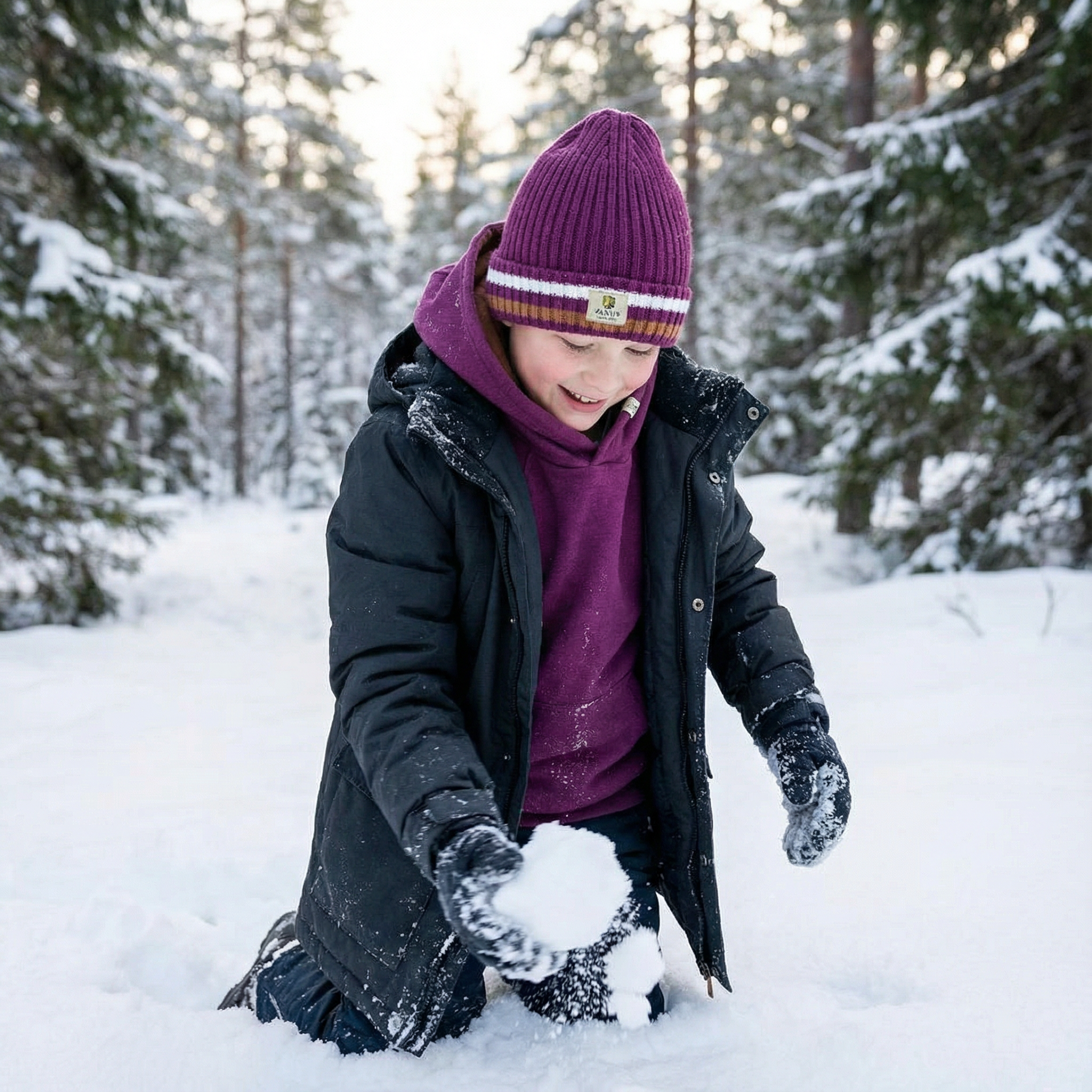 A child in a purple hat and Janus Wool's Polo with zip merino - Janus Go 250 Kids sweater kneels in snowy woods, smiling while making a snowball among the trees.