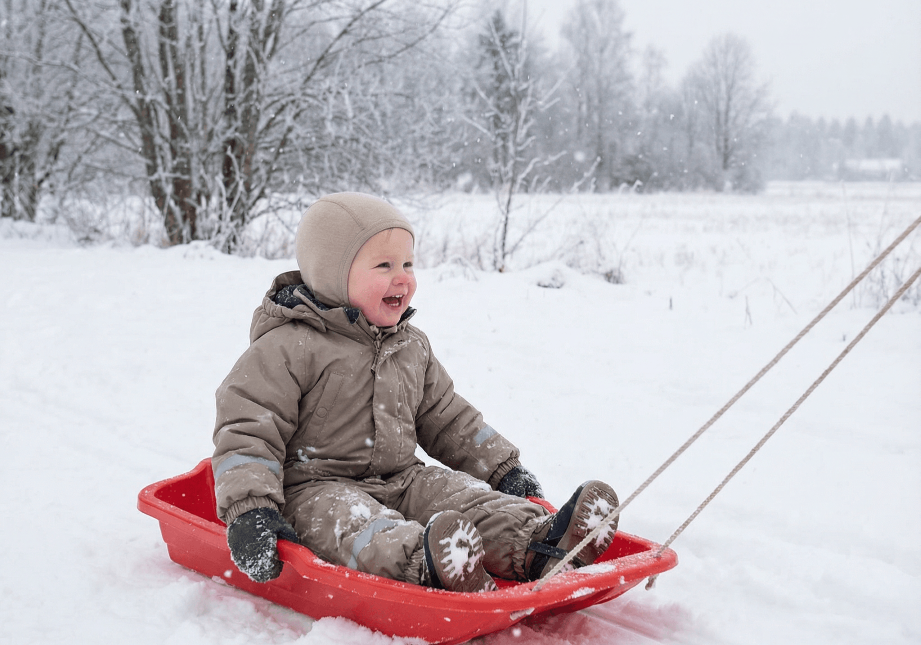 A young child dressed in a warm merino wool coat, hat, and gloves smiles while sitting in a red sled being pulled through snow on a wintry day, with trees and a snowy field in the background.