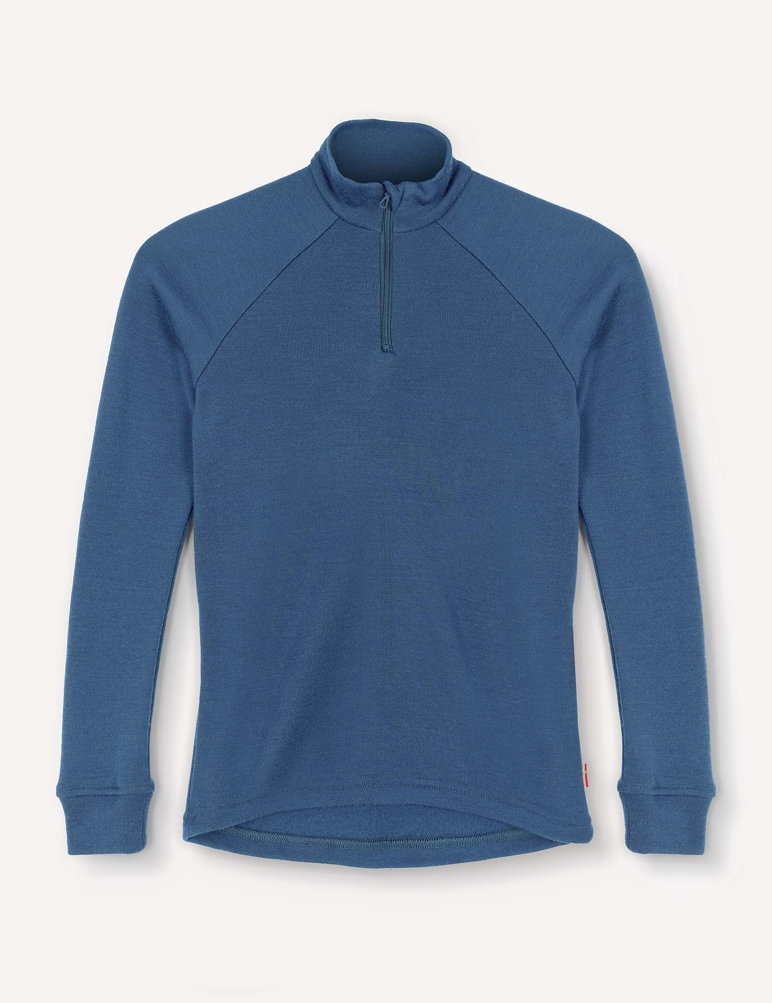 Ensign Blue Half Zip – Merino Kids AirWool top with long raglan sleeves and a quarter-zip collar, crafted from AirWool 260 merino wool, displayed on a light background.