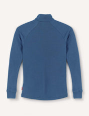 A blue Merino Kids AirWool Half Zip long-sleeve shirt with a high collar, displayed from the back against a plain white background.