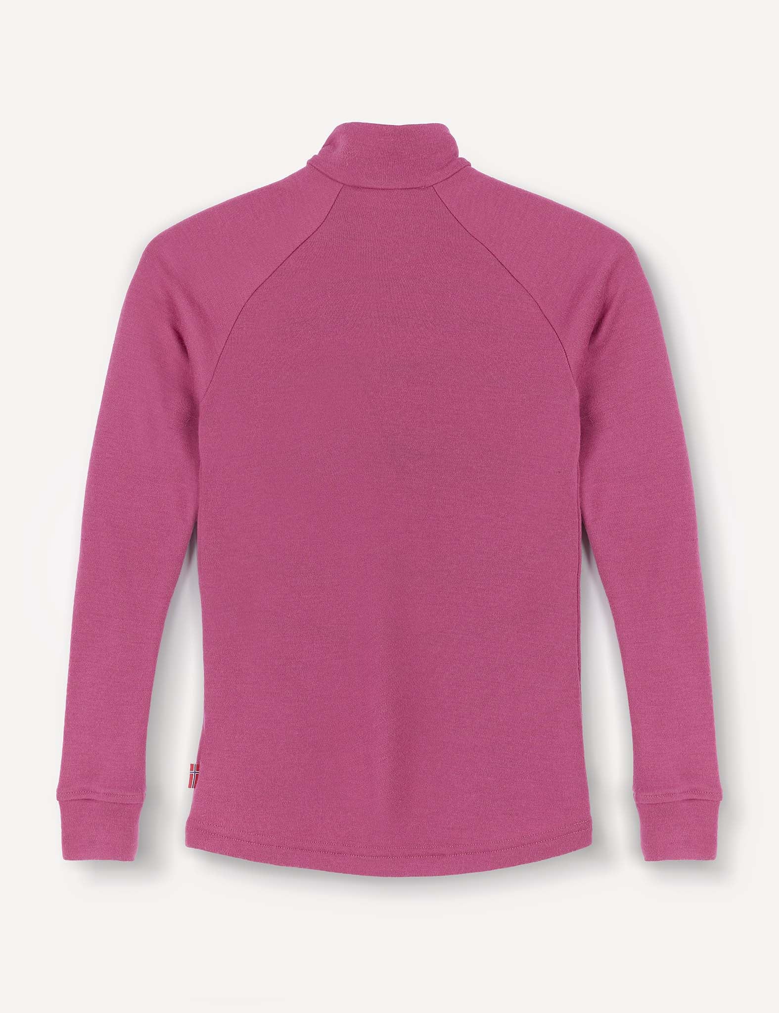 A pink Half Zip – Merino Kids AirWool long-sleeve pullover shirt with a high neck is laid flat, sleeves extended, and displayed from the back on a plain white background.