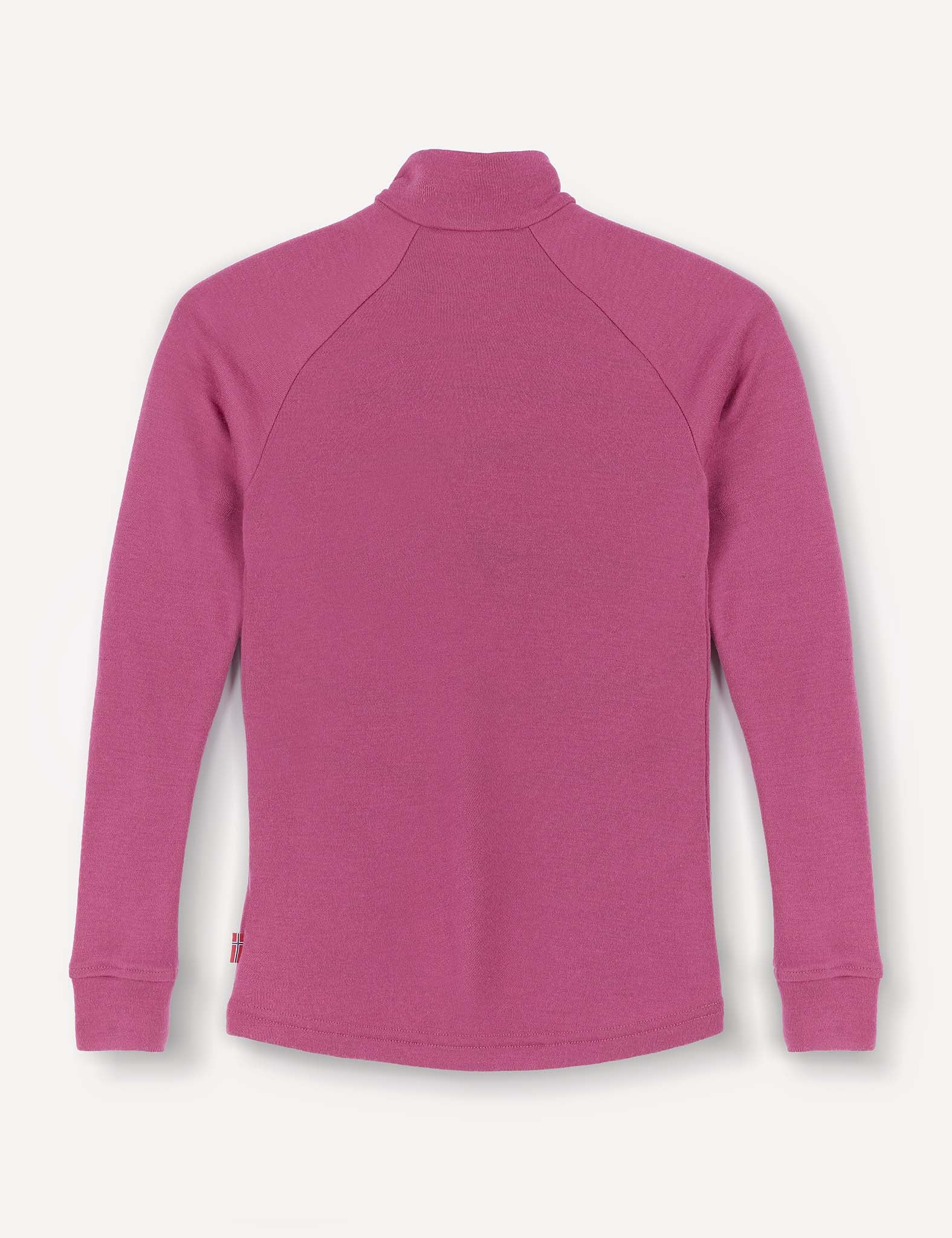 A pink Half Zip – Merino Kids AirWool long-sleeve pullover shirt with a high neck is laid flat, sleeves extended, and displayed from the back on a plain white background.