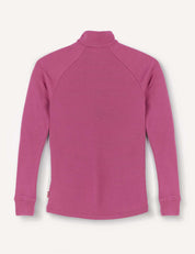 A pink Half Zip – Merino Kids AirWool long-sleeve pullover shirt with a high neck is laid flat, sleeves extended, and displayed from the back on a plain white background.