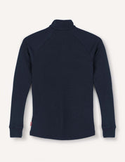 The Half Zip – Merino Kids AirWool shirt in navy blue is displayed from the back, laid flat on a light background, highlighting its raglan long sleeves and zip-up turtleneck design.