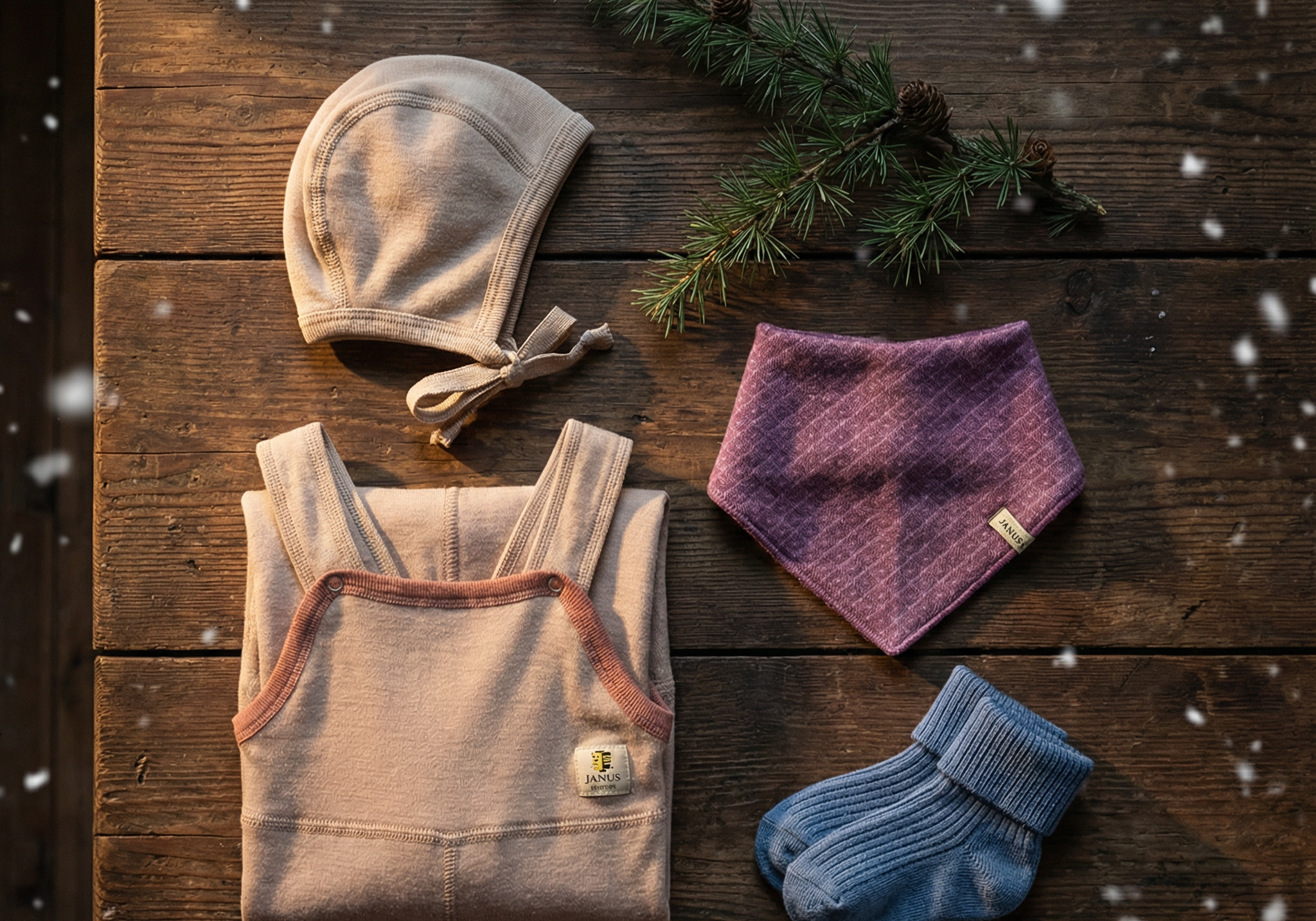Hyper-realistic_flat_lay_of_Kids_merino_wool_gifts_on_a_dark_Scandinavian_tabletop._Minimal_Christmas_atmosphere_with_soft_falling_snow_and_a_single_green_pine_branch._Clean_premium_c.png