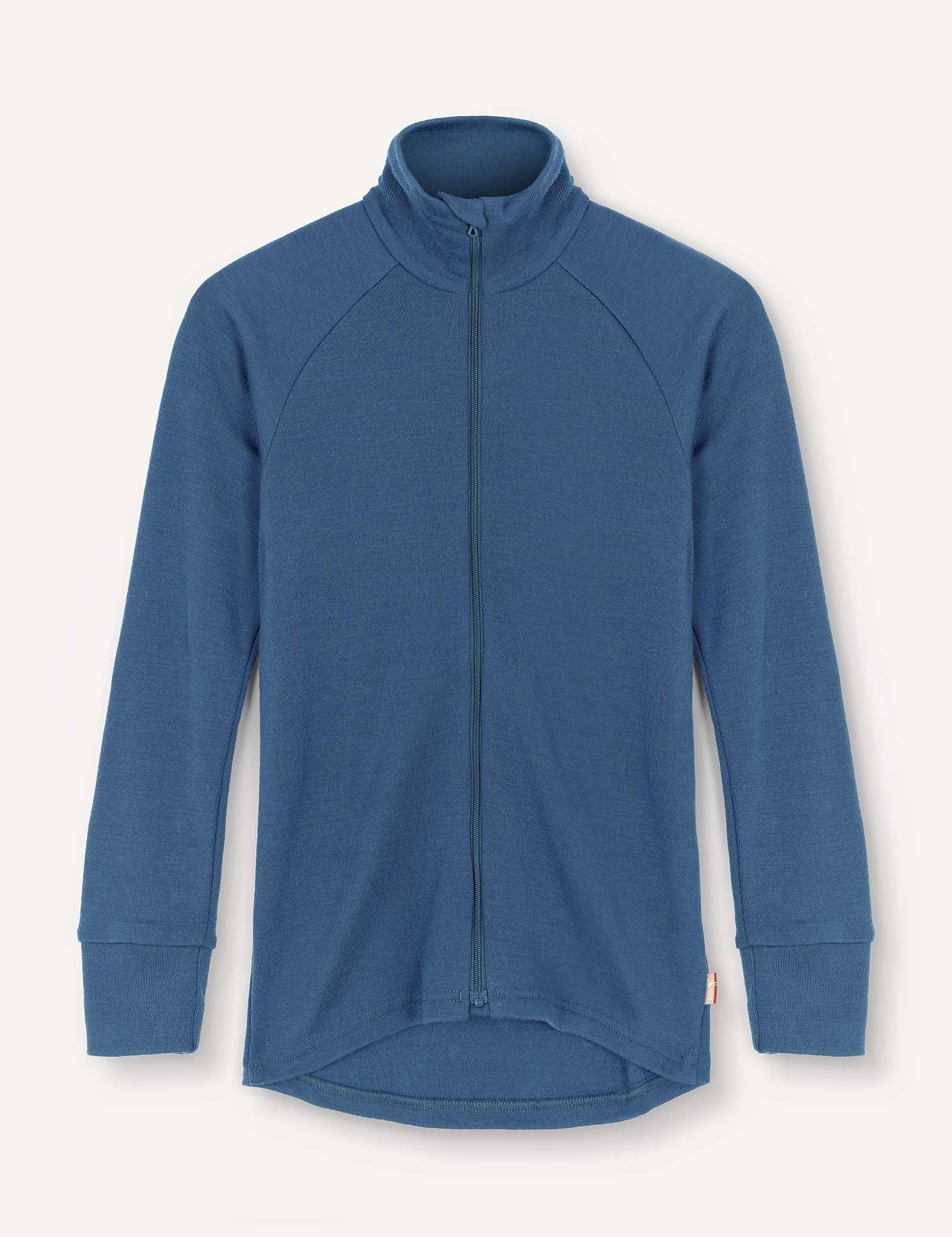 An Ensign Blue, long-sleeve, full-zip Jacket – Merino Kids AirWool with a high collar and ribbed cuffs, displayed flat on a light background.