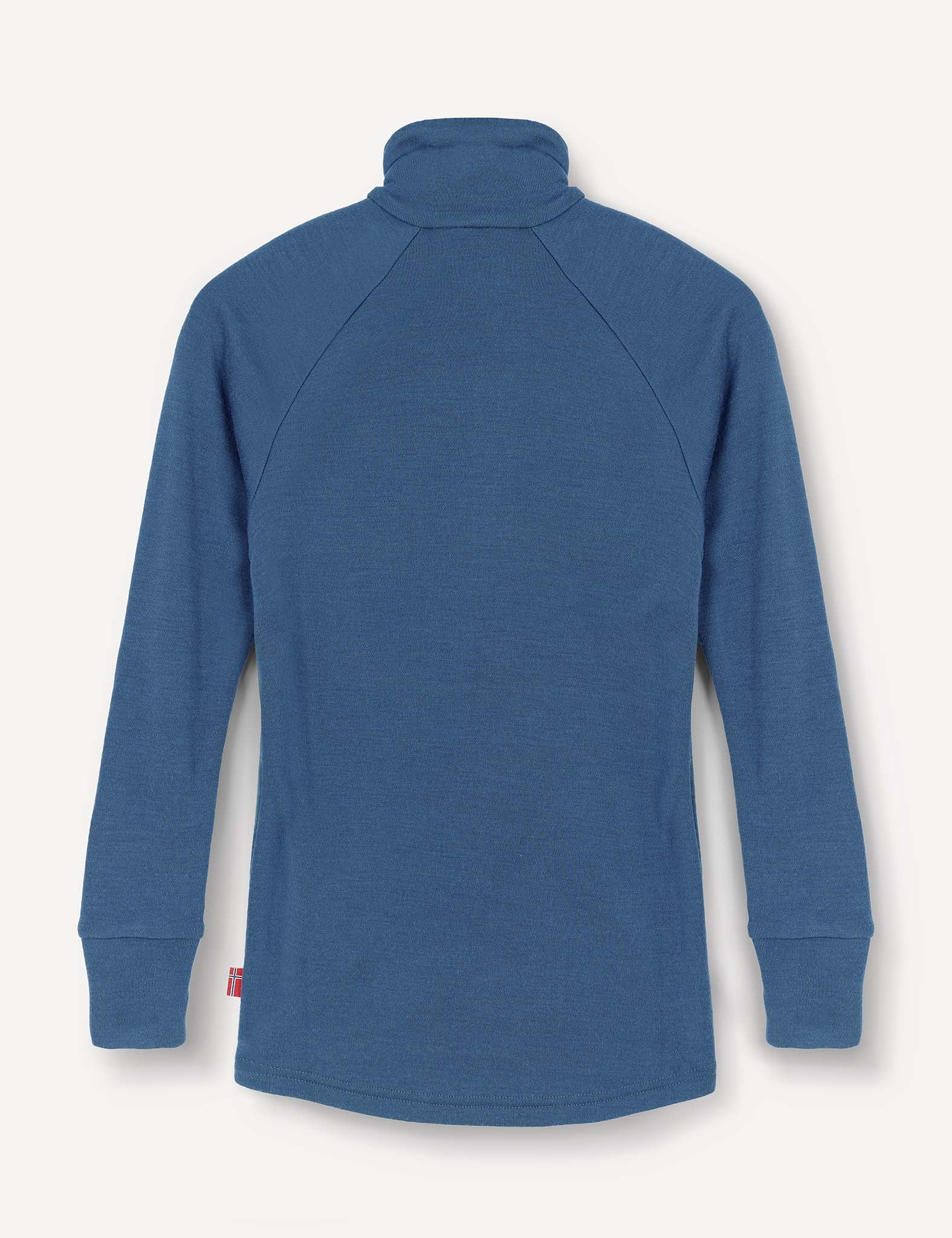 The Merino Kids AirWool Jacket is shown from the back in blue, featuring long raglan sleeves and ribbed cuffs. This design highlights soft, brushed wool for added comfort.