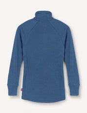 The Merino Kids AirWool Jacket is shown from the back in blue, featuring long raglan sleeves and ribbed cuffs. This design highlights soft, brushed wool for added comfort.