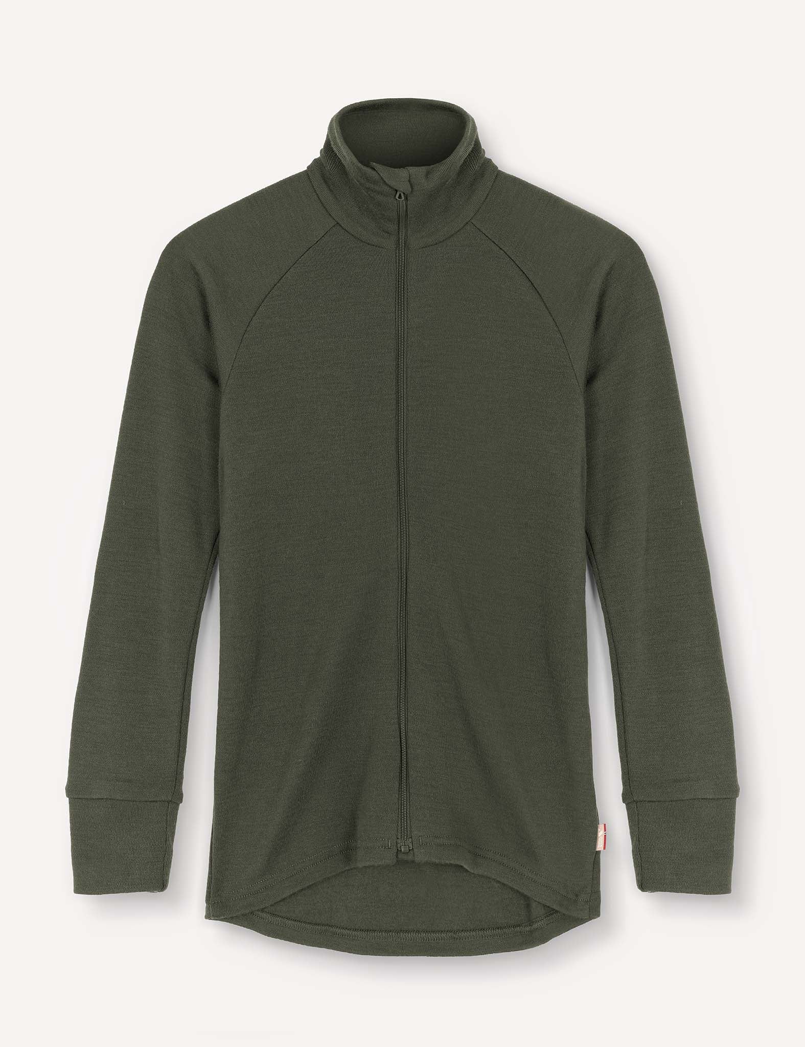 A long-sleeve Jacket – Merino Kids AirWool in Forest Night, featuring a high collar, raglan sleeves, and a slightly curved hem, laid flat on a white background.