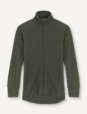 A long-sleeve Jacket – Merino Kids AirWool in Forest Night, featuring a high collar, raglan sleeves, and a slightly curved hem, laid flat on a white background.