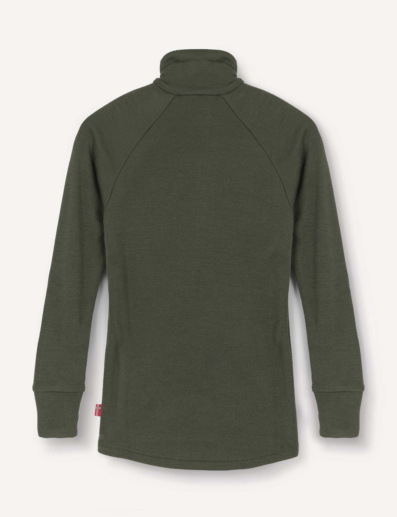 A long-sleeve, olive green Merino Kids AirWool jacket with raglan sleeves and a plush, brushed wool texture is laid flat and viewed from the back.