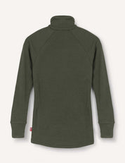 A long-sleeve, olive green Merino Kids AirWool jacket with raglan sleeves and a plush, brushed wool texture is laid flat and viewed from the back.