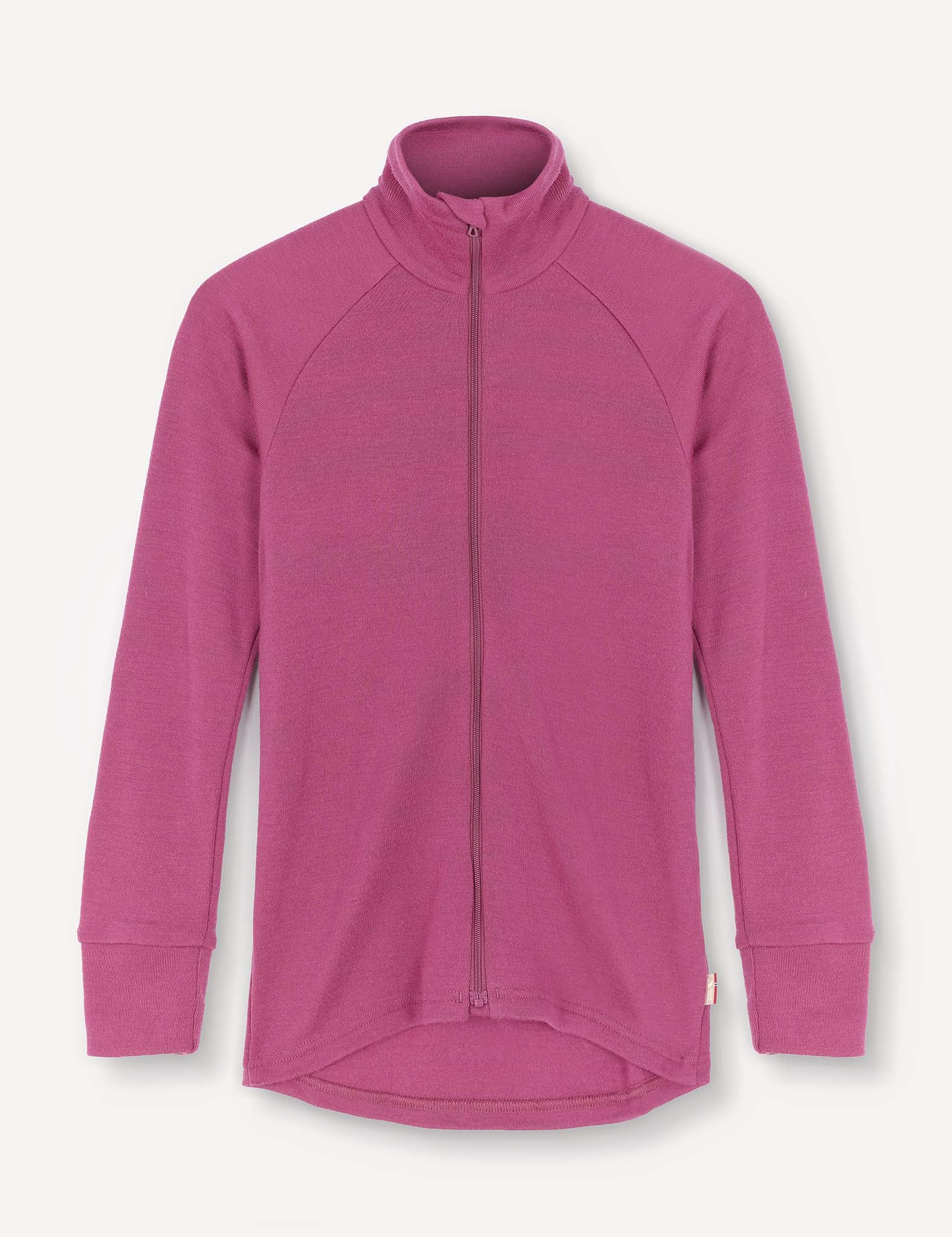 The Jacket – Merino Kids AirWool is a long-sleeve, zip-up merino wool jacket in solid magenta, displayed on a plain white background.