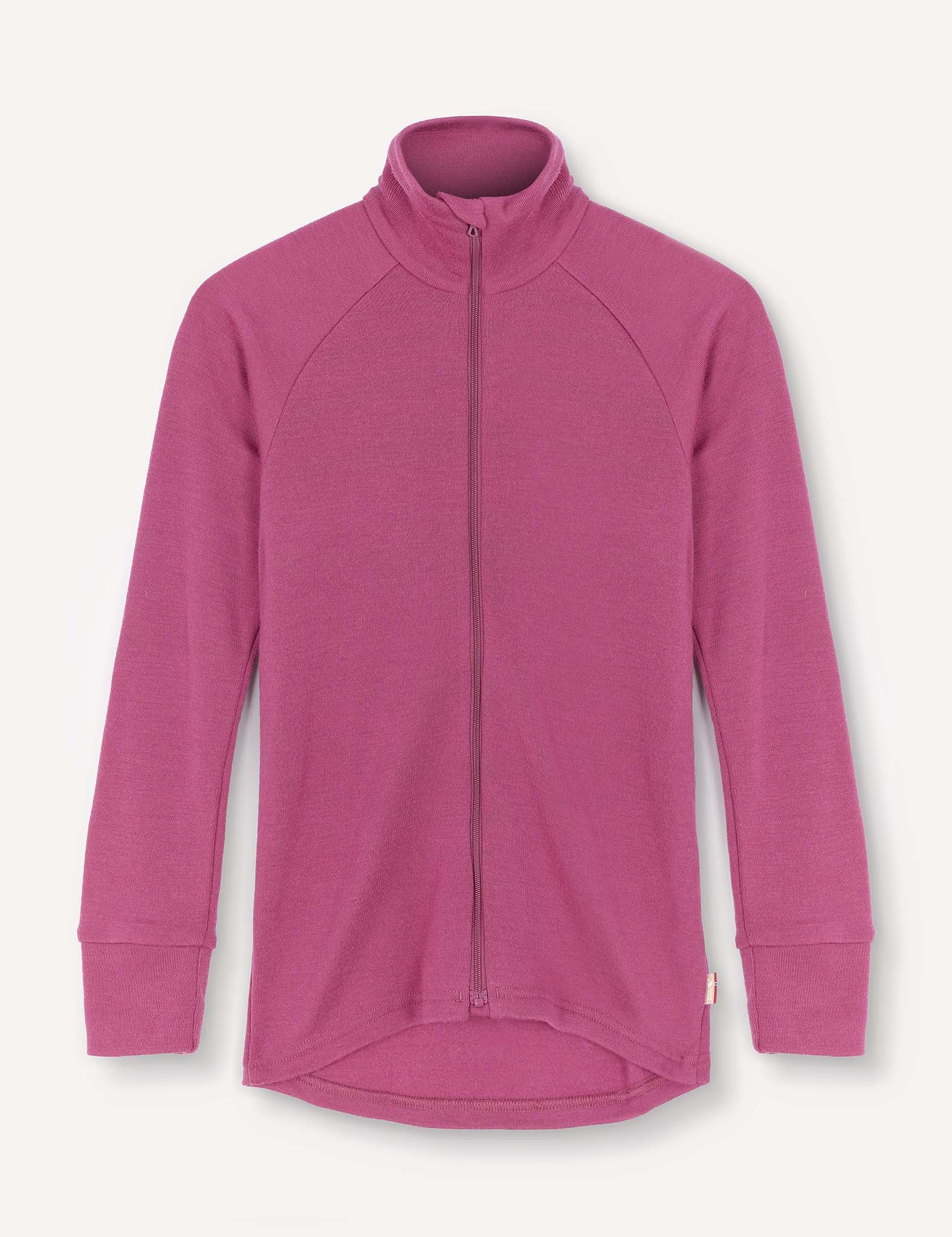 The Jacket – Merino Kids AirWool is a long-sleeve, zip-up merino wool jacket in solid magenta, displayed on a plain white background.