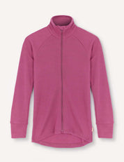 The Jacket – Merino Kids AirWool is a long-sleeve, zip-up merino wool jacket in solid magenta, displayed on a plain white background.
