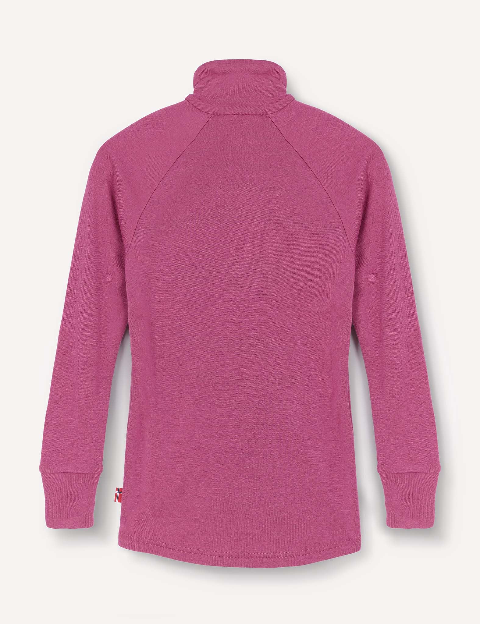 A magenta, long-sleeve, high-neck pullover from the Jacket – Merino Kids AirWool collection, made from AirWool 260 merino wool material, displayed from the back against a plain white background.