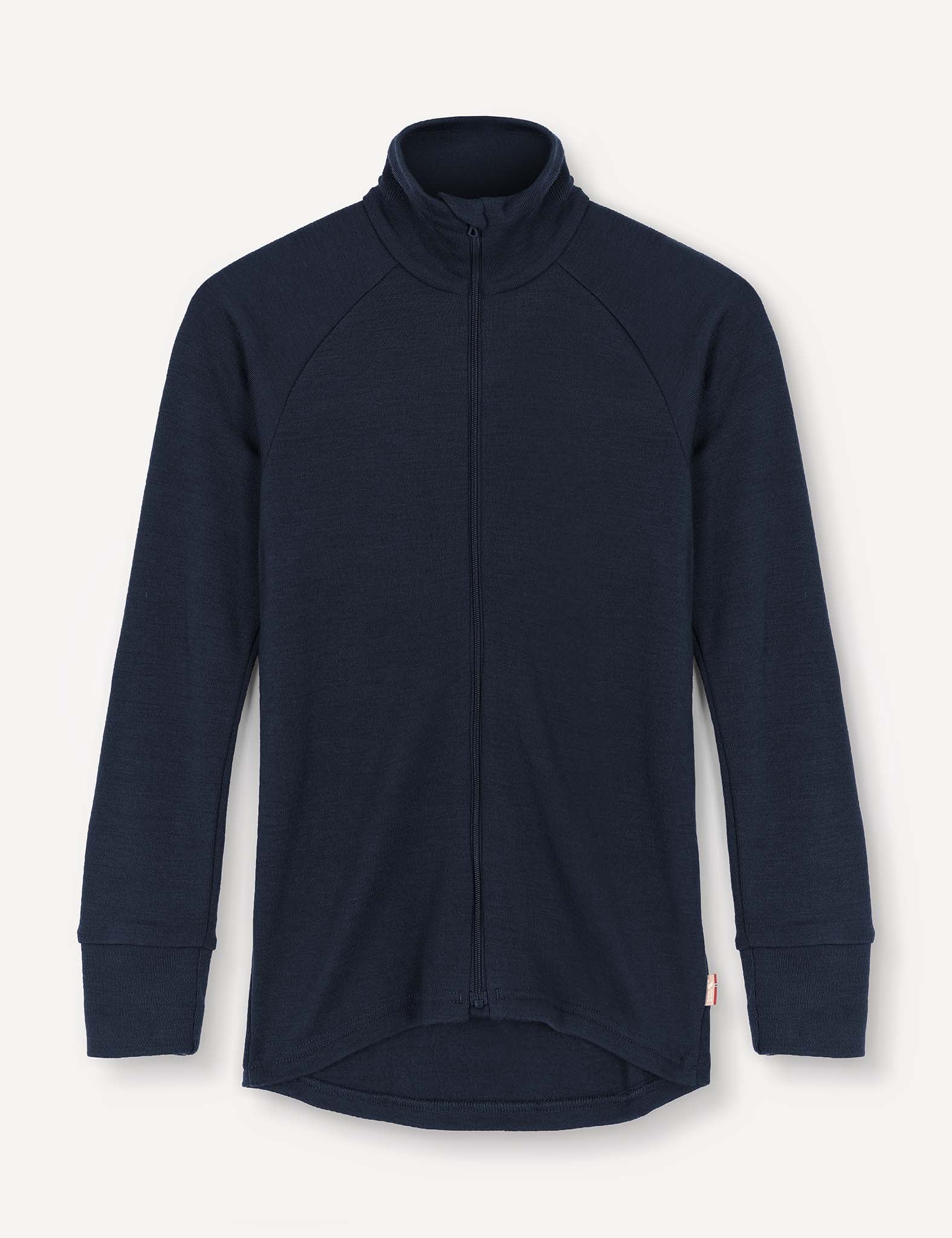 Navy Merino Kids AirWool jacket with long sleeves, a high collar, raglan shoulders, and a slightly elongated back hem, displayed flat on a simple light background.