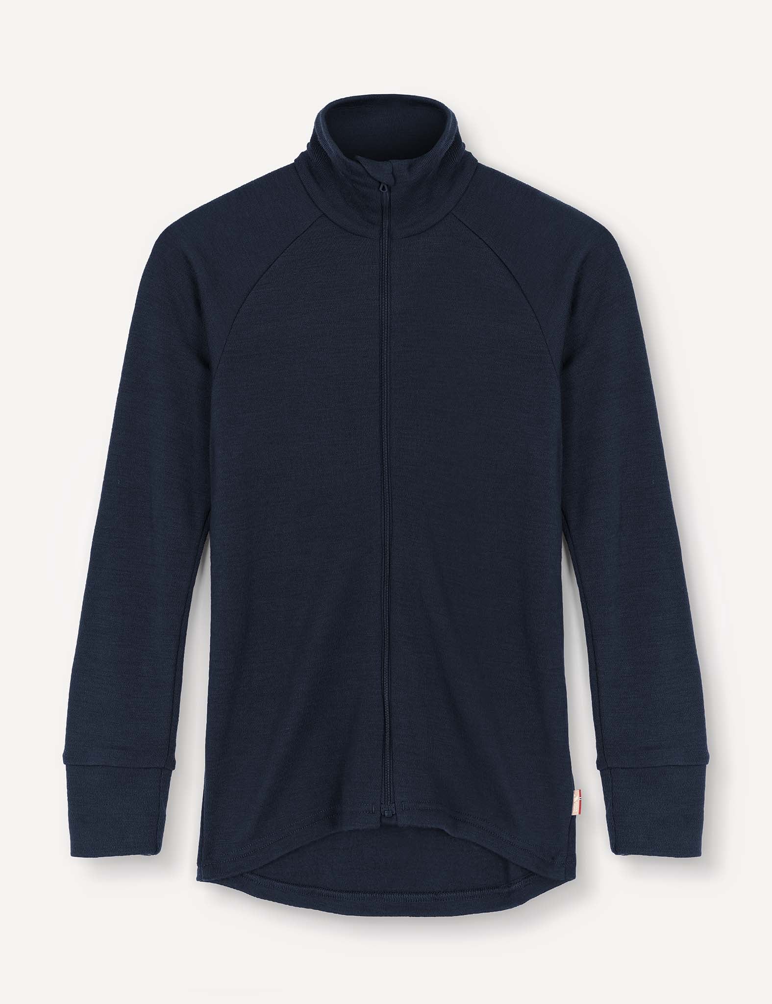 Navy Merino Kids AirWool jacket with long sleeves, a high collar, raglan shoulders, and a slightly elongated back hem, displayed flat on a simple light background.