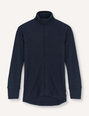 Navy Merino Kids AirWool jacket with long sleeves, a high collar, raglan shoulders, and a slightly elongated back hem, displayed flat on a simple light background.