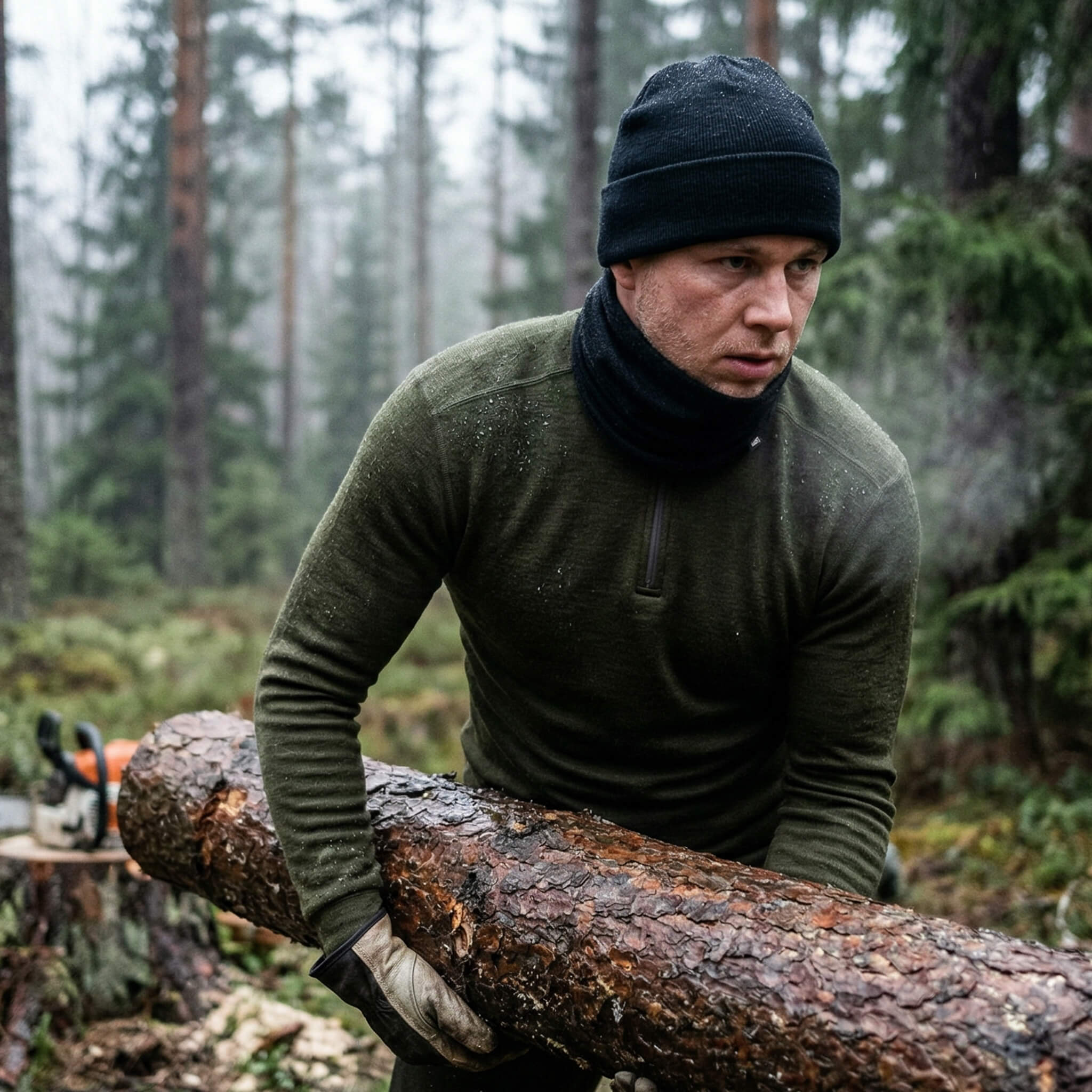 A man wearing a dark merino wool beanie, neck warmer, and green sweater lifts a large log in a misty forest. A chainsaw rests on a stump in the background among tall trees.