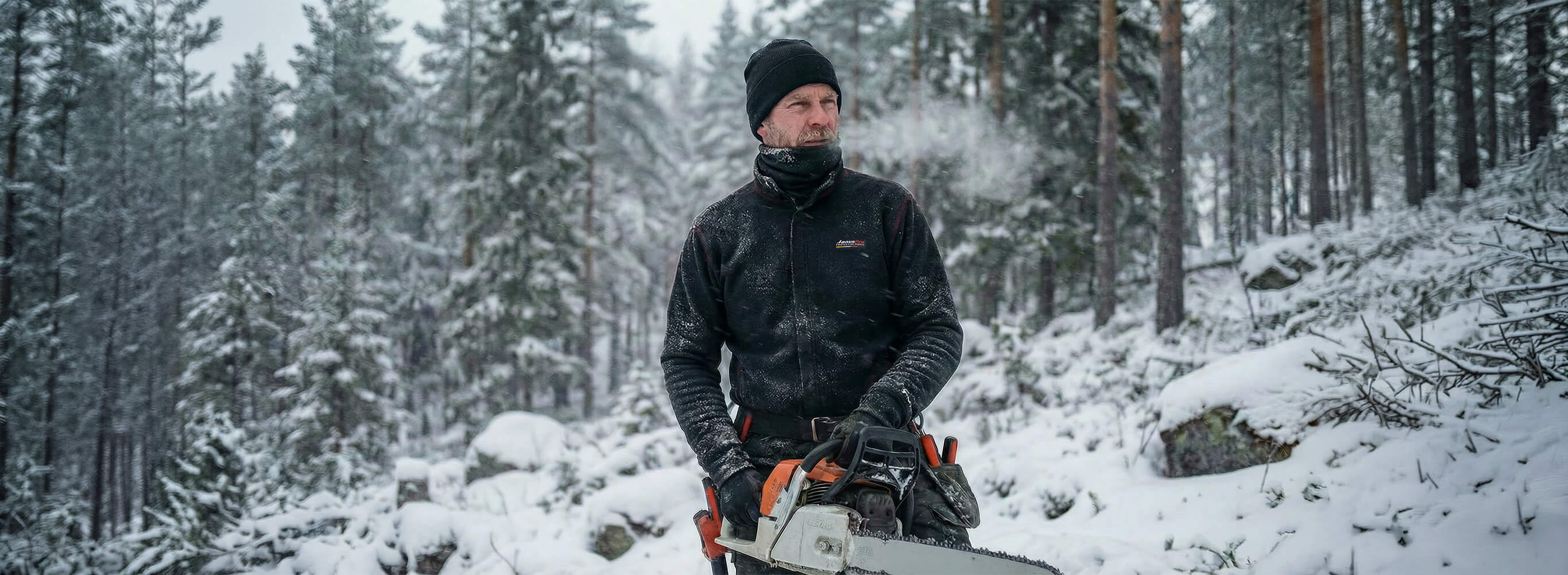 A person wearing merino wool winter clothing and holding a chainsaw stands in a snowy forest, surrounded by snow-covered trees with visible breath in the cold air.