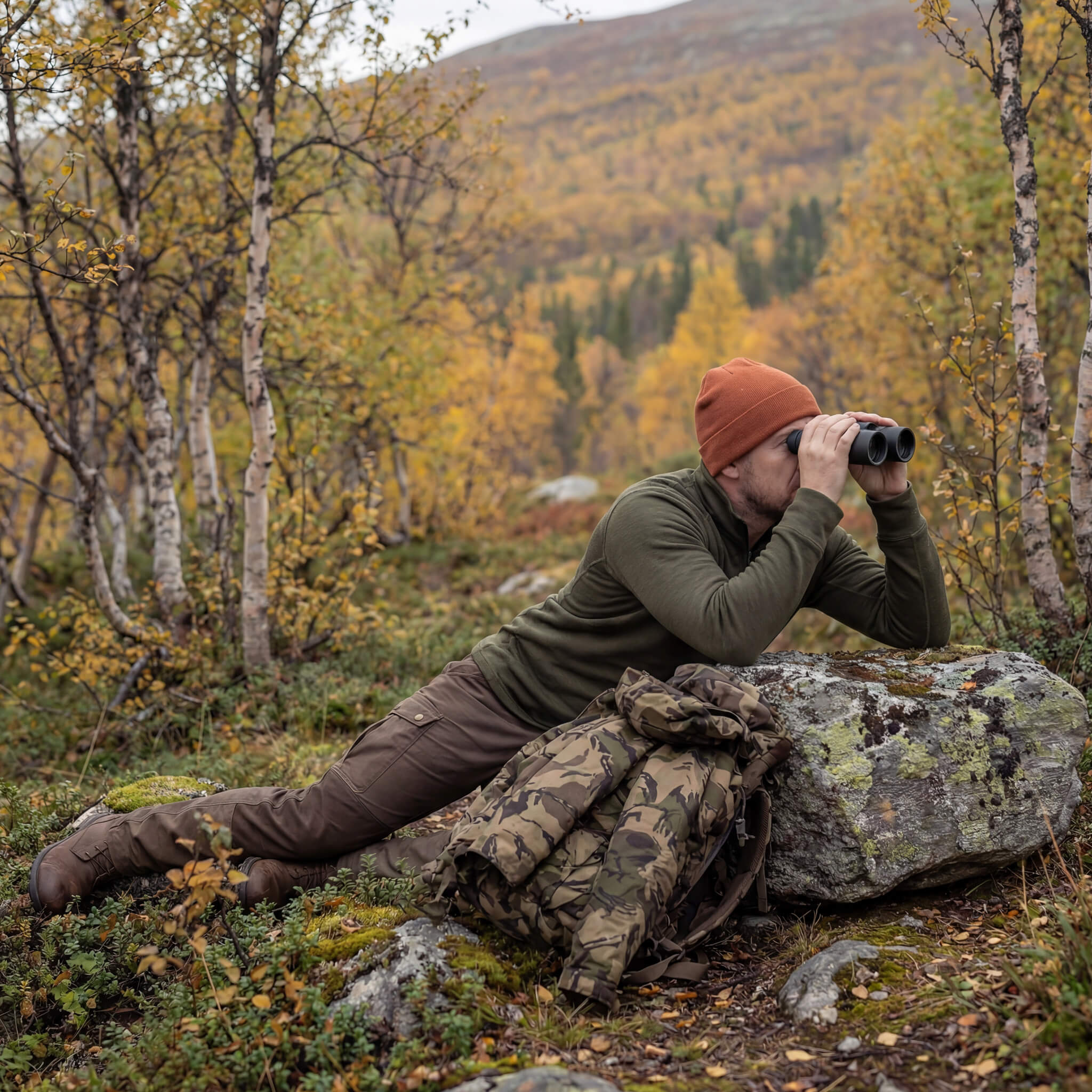 A person in merino wool outdoor clothing and an orange beanie lies on the ground beside a camouflage backpack, using binoculars to look into the distance in a forest with autumn foliage.