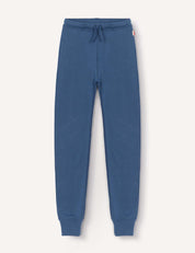 A pair of Merino Kids AirWool sweatpants in blue, featuring a warm design with an elastic waistband, drawstring, and cuffed ankles, displayed flat on a light background.