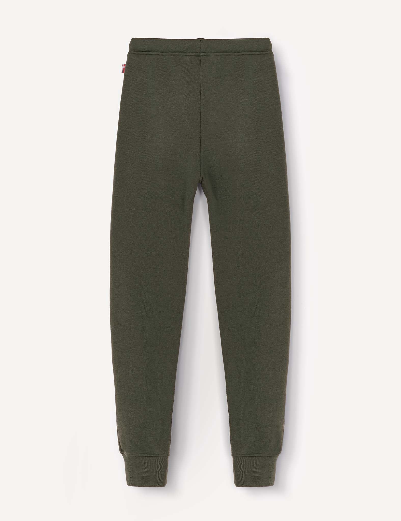 A pair of Sweatpants – Merino Kids AirWool in plain dark green, featuring an elastic waistband and cuffs, displayed flat against a light background.