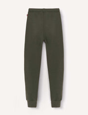 A pair of Sweatpants – Merino Kids AirWool in plain dark green, featuring an elastic waistband and cuffs, displayed flat against a light background.