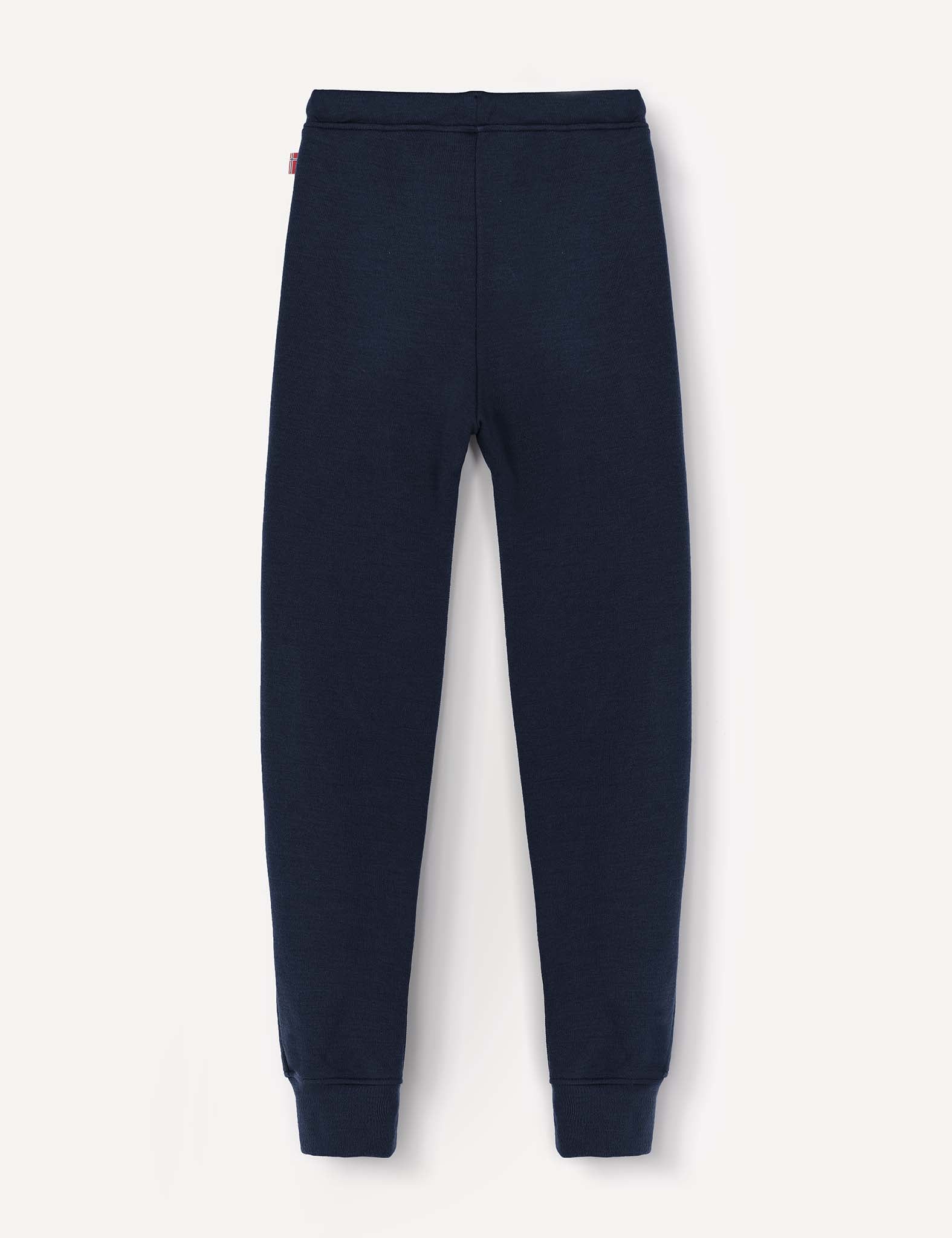 Sweatpants – Merino Kids AirWool in navy blue, featuring an elastic waistband and ankle cuffs, crafted from soft brushed AirWool, laid flat on a white background.