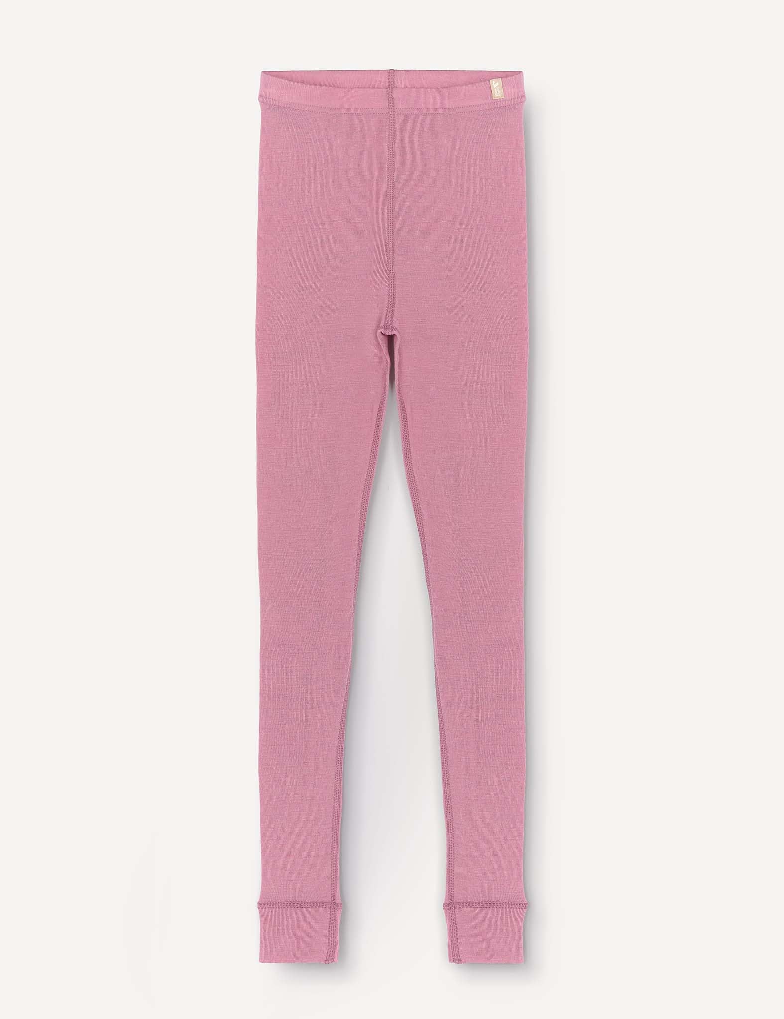 Mauve Orchid Leggings – Merino Kids Classic Rib are laid flat on a white background. They feature a simple design with an elastic waistband and ankle cuffs, crafted from soft merino wool for added comfort.