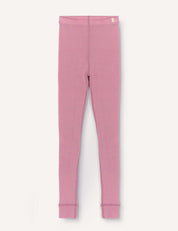 Mauve Orchid Leggings – Merino Kids Classic Rib are laid flat on a white background. They feature a simple design with an elastic waistband and ankle cuffs, crafted from soft merino wool for added comfort.