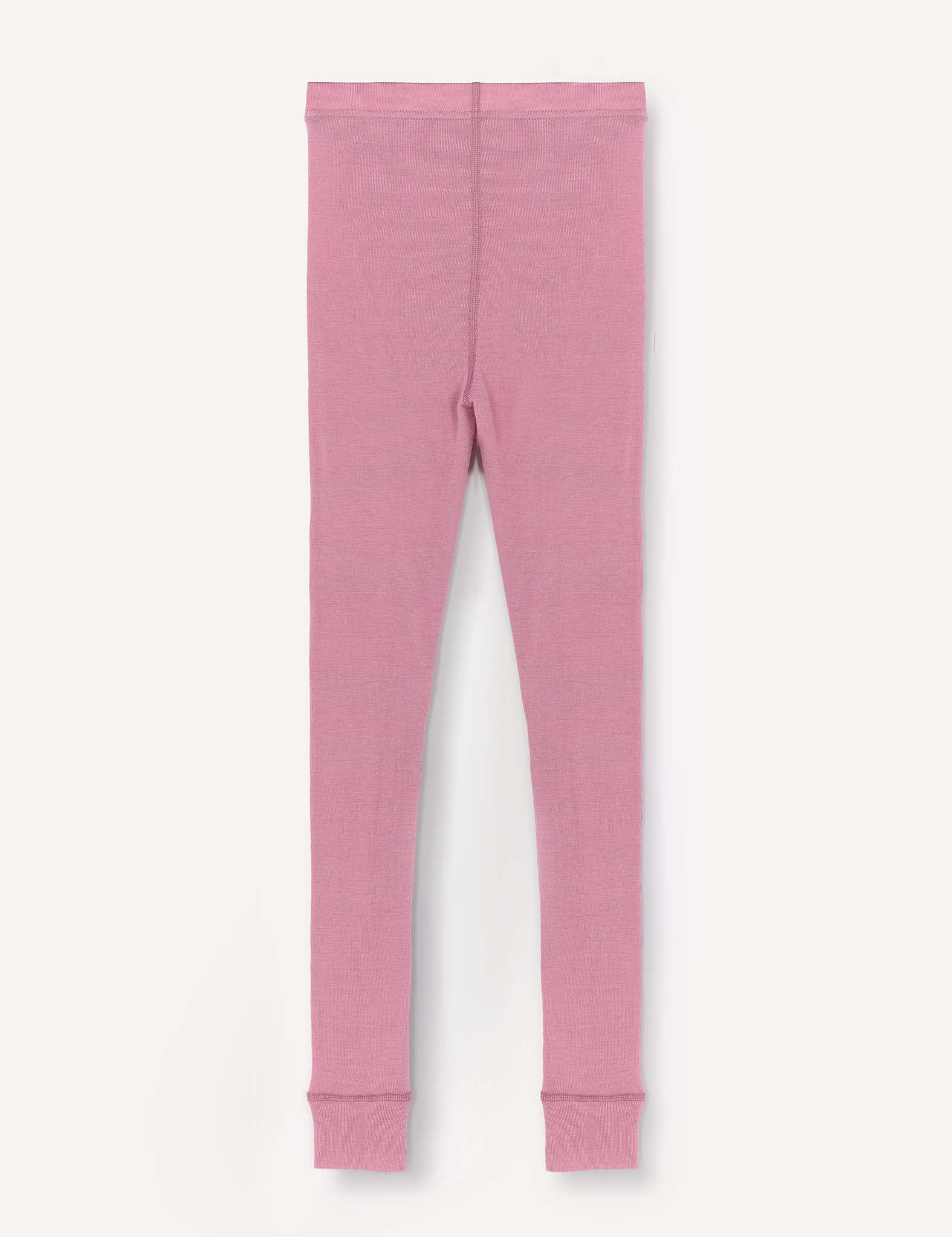 Leggings – Merino Kids Classic Rib in pink, featuring a ribbed merino wool fabric, elastic waistband, and cuffed ankles, displayed flat on a white background.