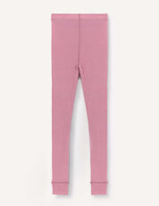 Leggings – Merino Kids Classic Rib in pink, featuring a ribbed merino wool fabric, elastic waistband, and cuffed ankles, displayed flat on a white background.