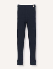 Navy, long, fitted thermal leggings—Leggings – Merino Kids Classic Rib—crafted from elastic ribbed wool, featuring a small beige tag on the waistband and displayed flat against a white background.