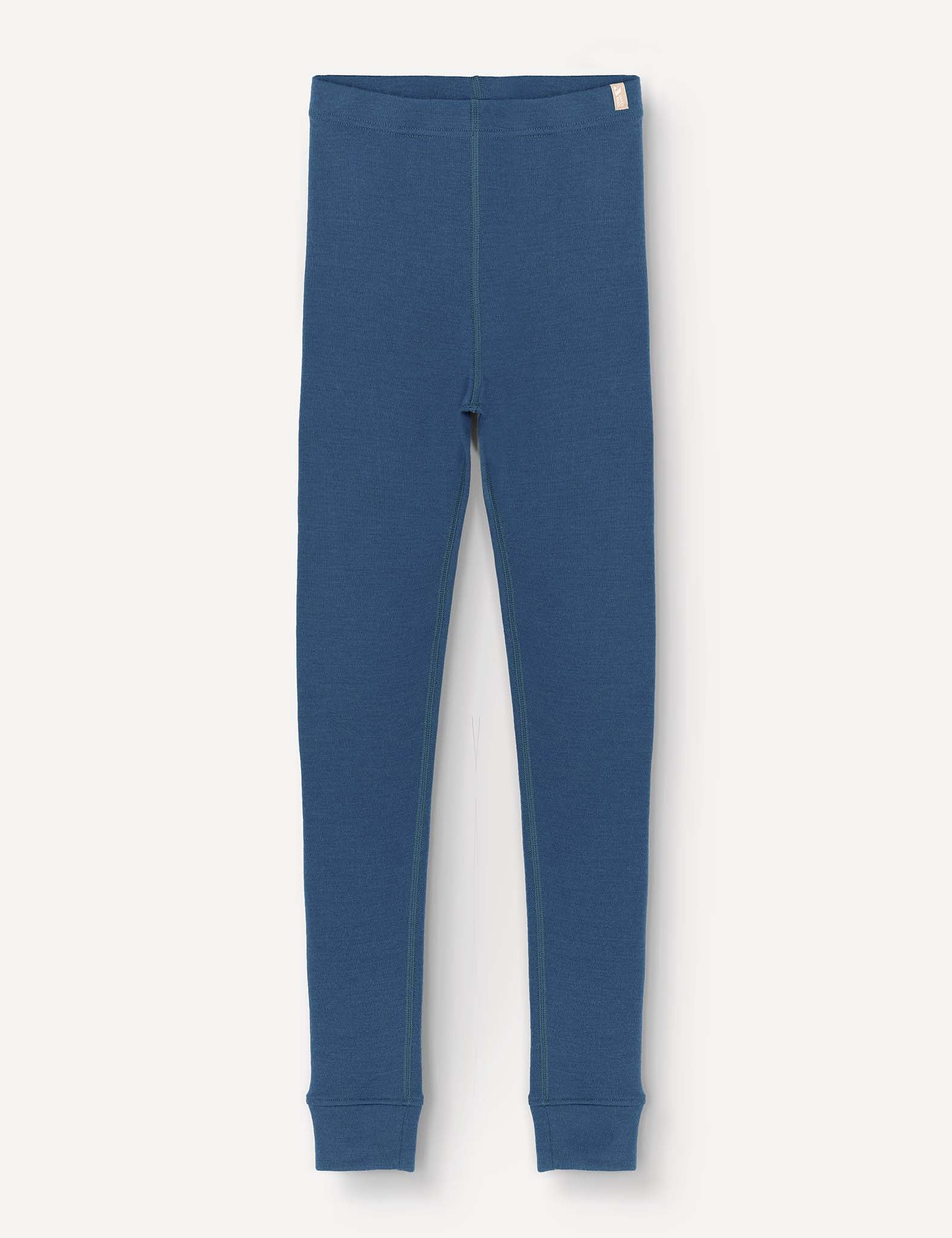 Ensign Blue, long-sleeve Leggings – Merino Kids AirWool for children, laid flat on a white background. These warm and soft leggings are made from AirWool 260 material, featuring a fitted design with visible stitching and a small tag near the waistband.