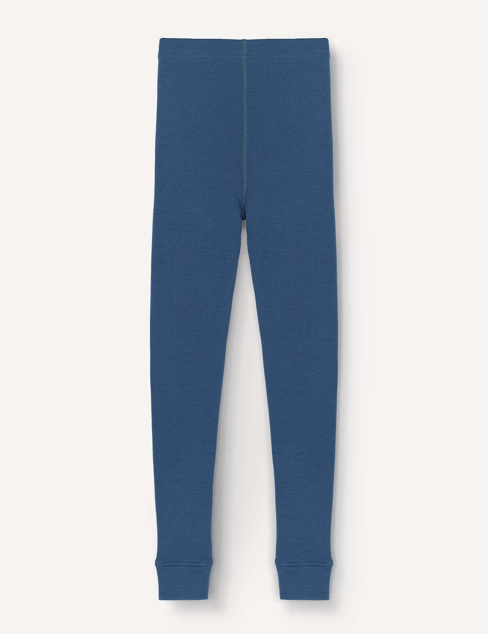 Leggings – Merino Kids AirWool in blue, displayed flat on a white background. These leggings feature a simple design with an elastic waistband and ankle cuffs, crafted from warm and soft merino wool for comfortable wear.