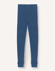 Leggings – Merino Kids AirWool in blue, displayed flat on a white background. These leggings feature a simple design with an elastic waistband and ankle cuffs, crafted from warm and soft merino wool for comfortable wear.