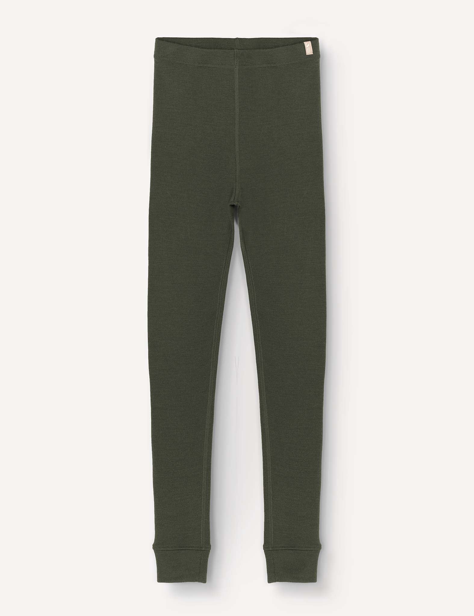 Forest Night, long-sleeve Leggings – Merino Kids AirWool with an elastic waistband and ribbed cuffs, laid flat on a light background for a warm and soft feel.