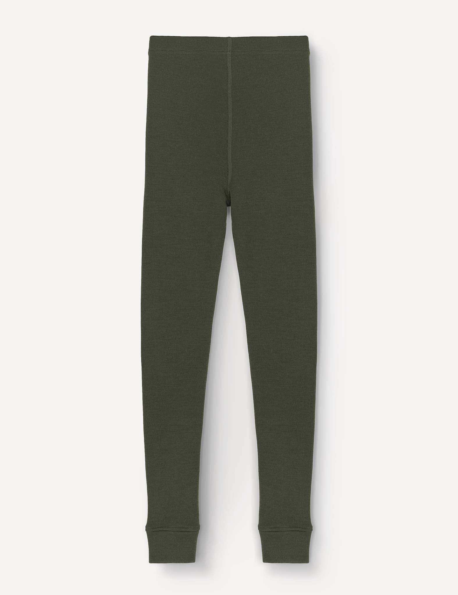 Dark green, full-length Merino Kids AirWool leggings are laid flat on a white background, displaying both legs and cuffed ankles. Crafted from soft and warm AirWool 260 fabric, these fitted wool longs offer superior comfort.