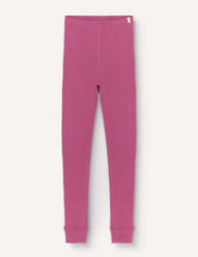The Leggings – Merino Kids AirWool are displayed flat on a white background, highlighting their full-length, simple design with an elastic waistband and fitted ankles. Crafted from soft brushed Merino wool, these pink children’s leggings offer added comfort.