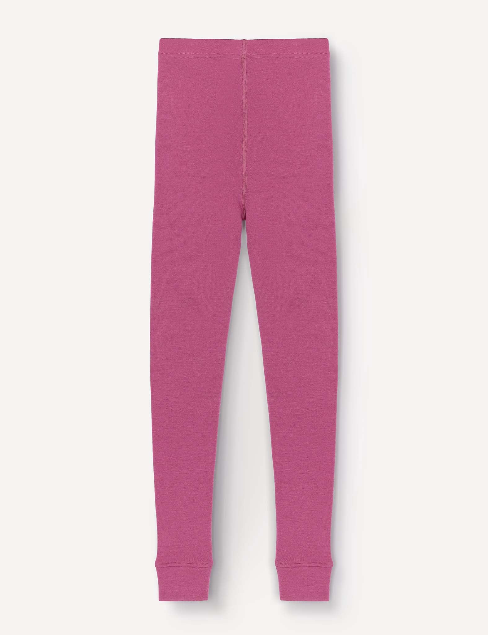 A pair of vibrant pink Leggings – Merino Kids AirWool, featuring a simple slim fit and crafted from warm, soft AirWool 260 wool, laid flat against a light background.