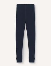 A pair of Leggings – Merino Kids AirWool in plain, dark navy blue wool, shown laid flat on a white background, featuring a simple elastic waistband and cuffed ankles for a warm and comfortable fit.