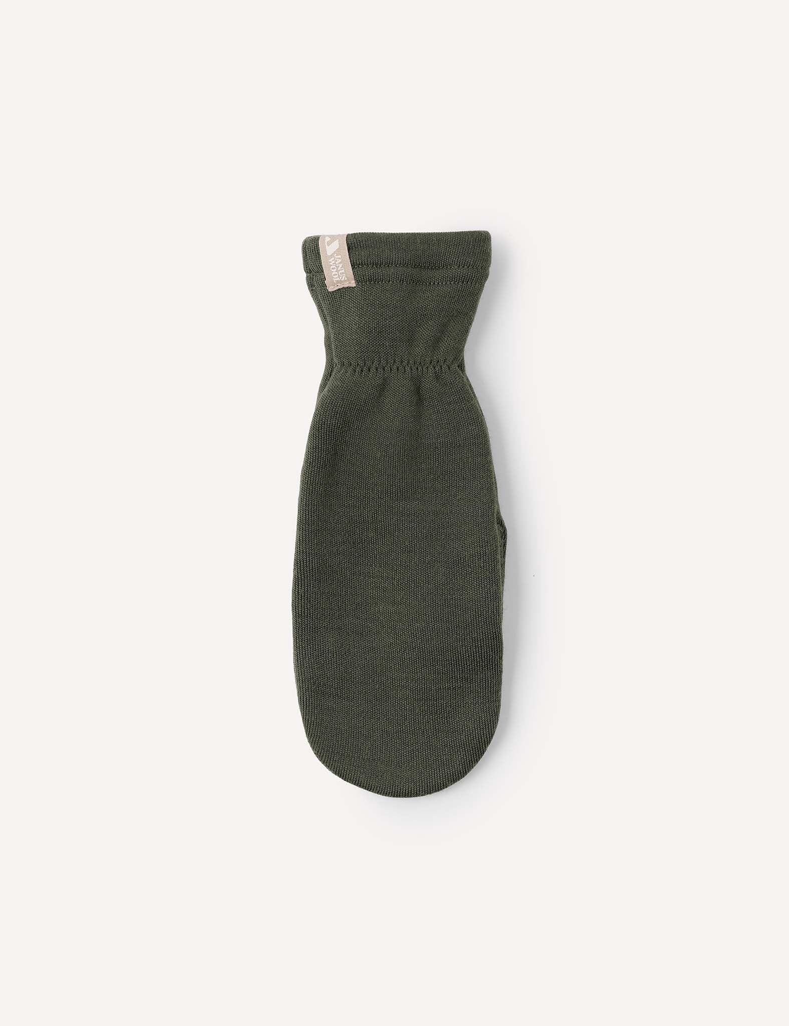A single Merino Kids AirWool mitten in dark green is displayed on a plain white background.