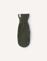 A single Merino Kids AirWool mitten in dark green is displayed on a plain white background.